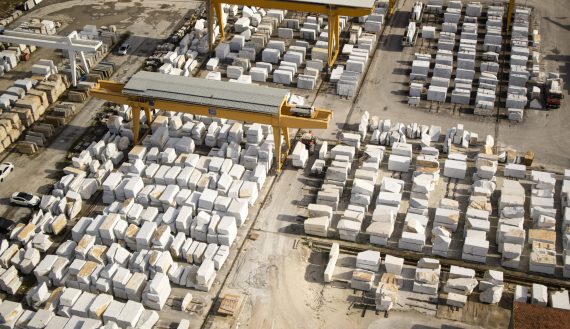 Aerial view of an area used as a marble warehouse awaiting processing.