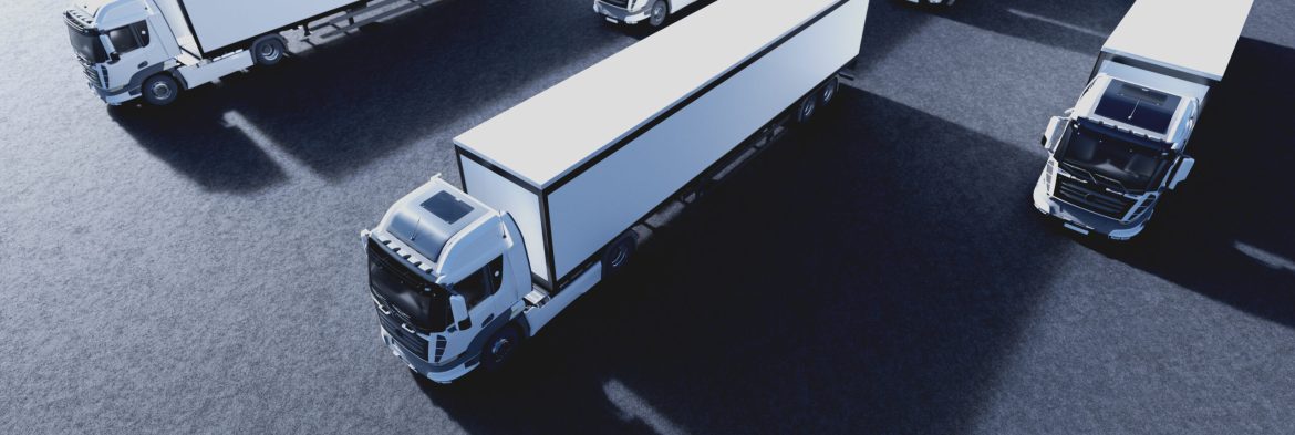 Fleet of new heavy trucks. Transportation, shipping industry. 3D illustration